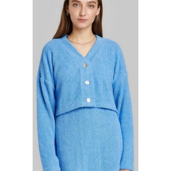 Wild Fable Terry cloth Vneck Cropped Cardigan Sweater Azure Blue Size S - Picture 1 of 11